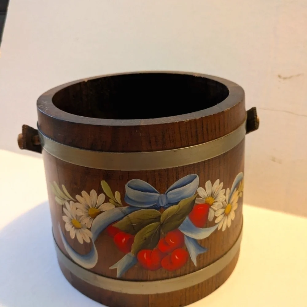 Old Wood Firkin Sugar Bucket Pail w/ Swinging Handle Primitive Rustic